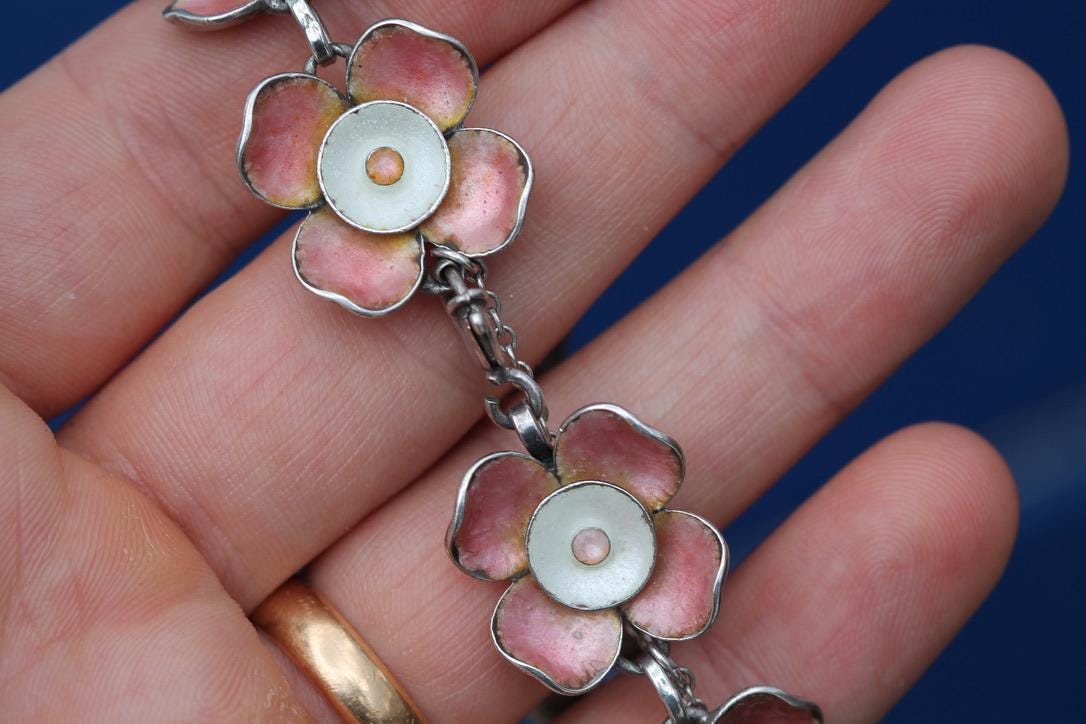 Vintage Sterling Silver Pink Enamel Flower Bracelet | c.1960 — view 4