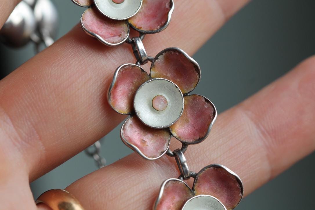 Vintage Sterling Silver Pink Enamel Flower Bracelet | c.1960 — view 6