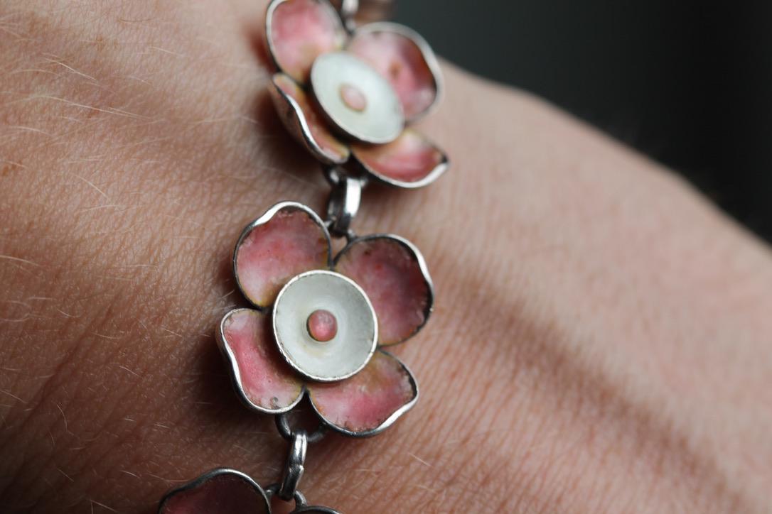 Vintage Sterling Silver Pink Enamel Flower Bracelet | c.1960 — view 7