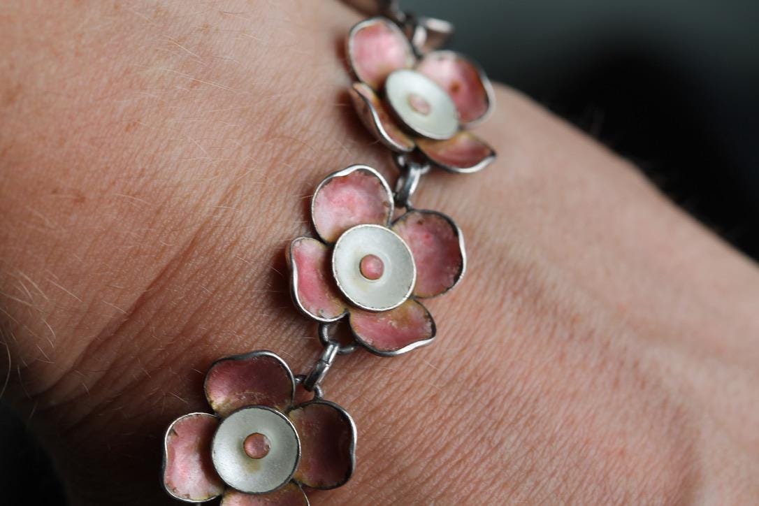 Vintage Sterling Silver Pink Enamel Flower Bracelet | c.1960 — view 8