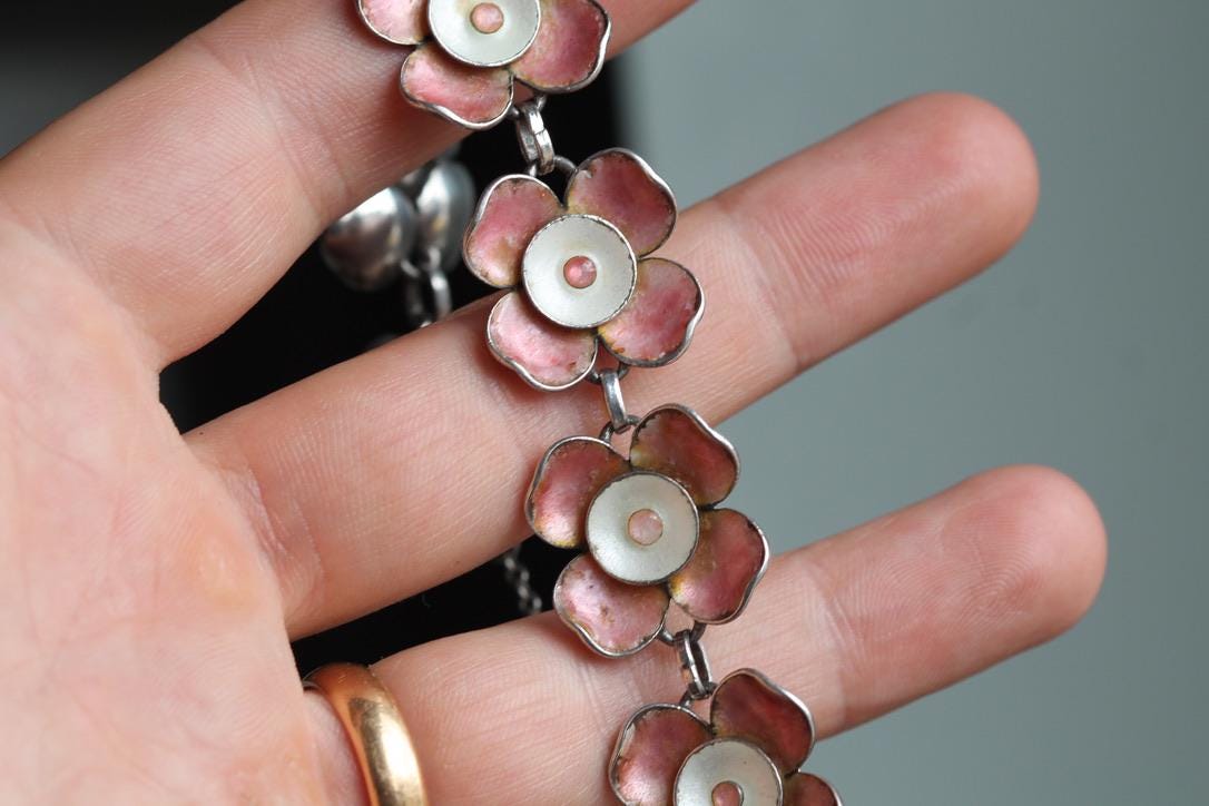 Vintage Sterling Silver Pink Enamel Flower Bracelet | c.1960 — view 9