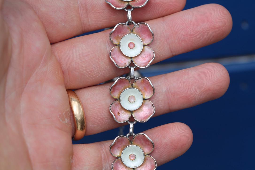 Vintage Sterling Silver Pink Enamel Flower Bracelet | c.1960 — view 11