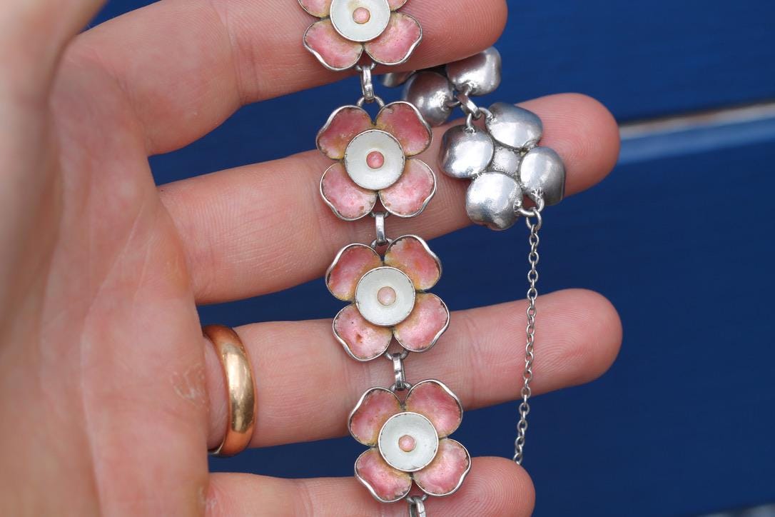 Vintage Sterling Silver Pink Enamel Flower Bracelet | c.1960 — view 12