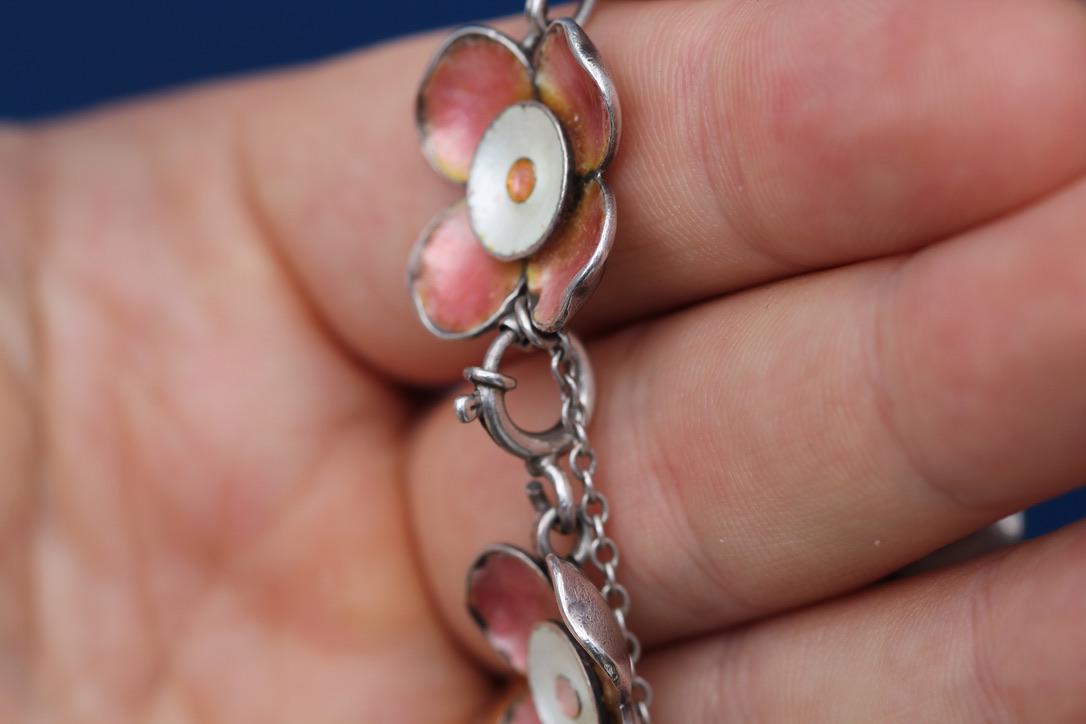 Vintage Sterling Silver Pink Enamel Flower Bracelet | c.1960 — view 13