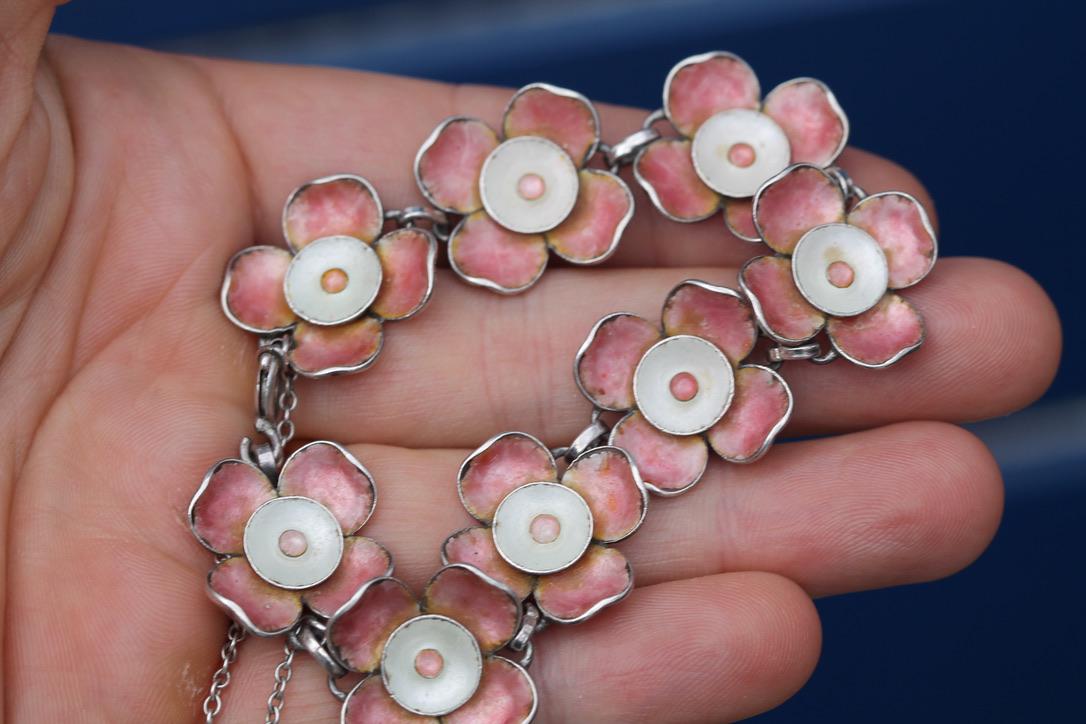 Vintage Sterling Silver Pink Enamel Flower Bracelet | c.1960 — view 14