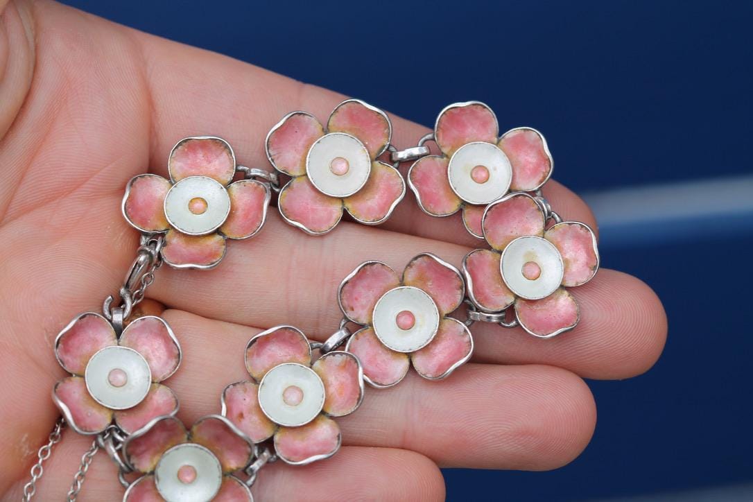 Vintage Sterling Silver Pink Enamel Flower Bracelet | c.1960 — view 15