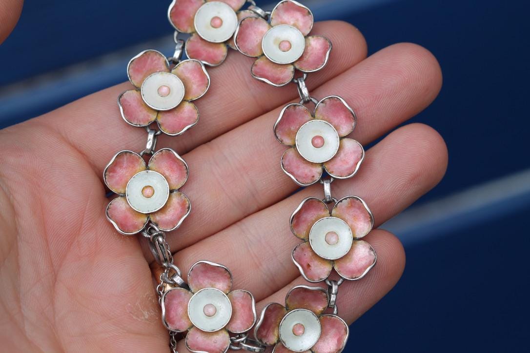 Vintage Sterling Silver Pink Enamel Flower Bracelet | c.1960 — view 16