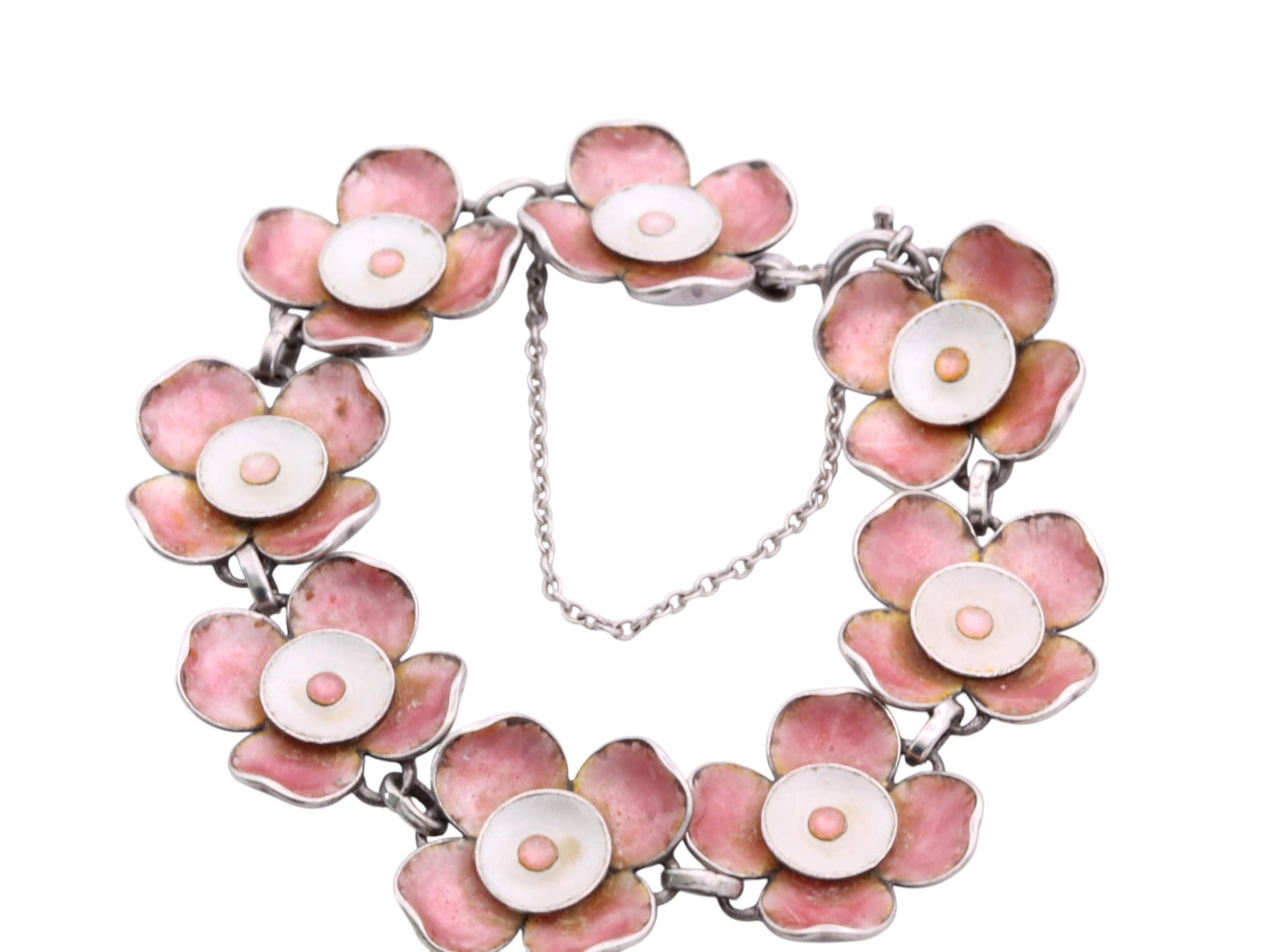 Vintage Sterling Silver Pink Enamel Flower Bracelet | c.1960 — view 17