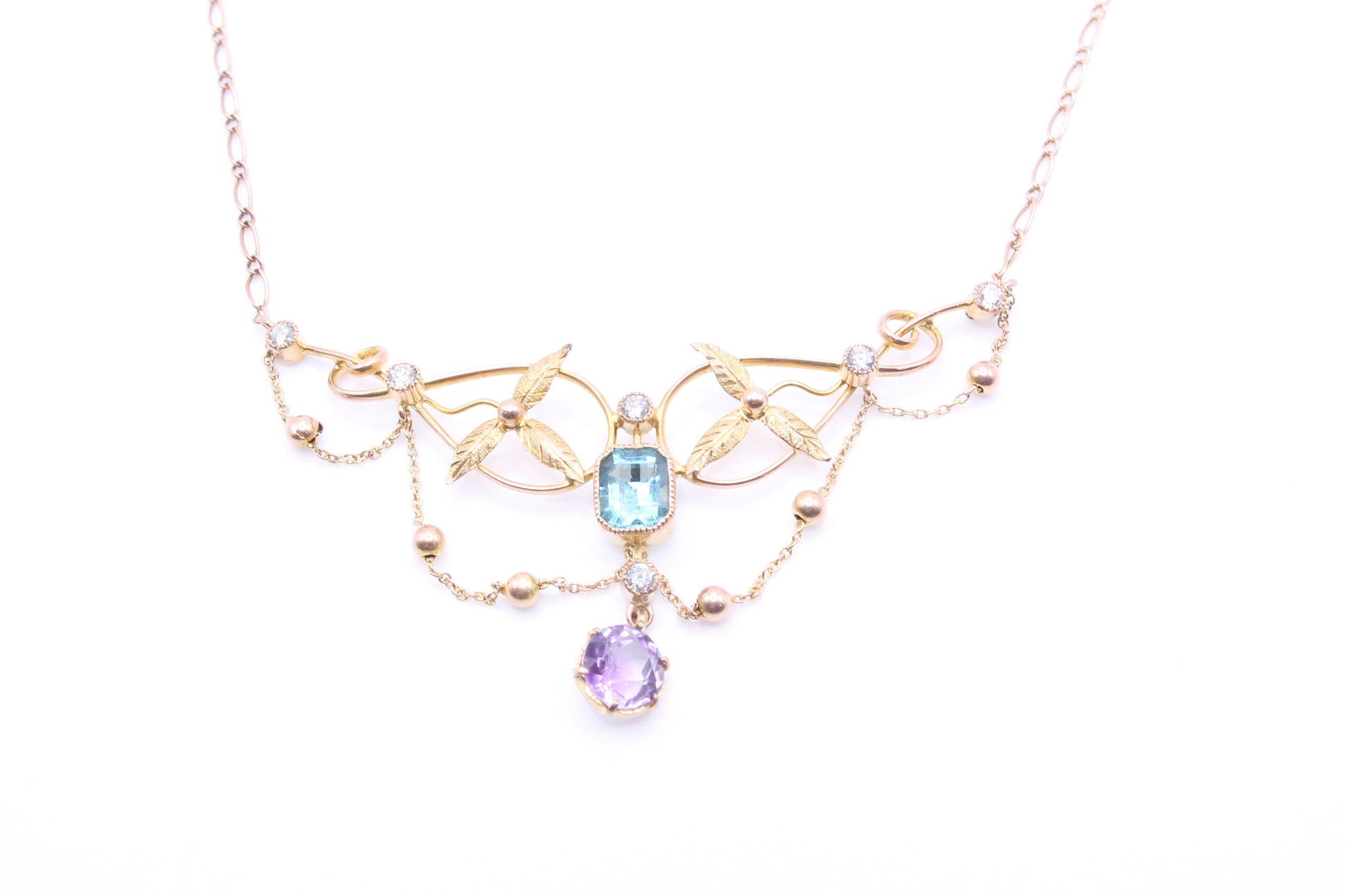 antique-9ct-gold-diamond-topaz-amethyst-necklace