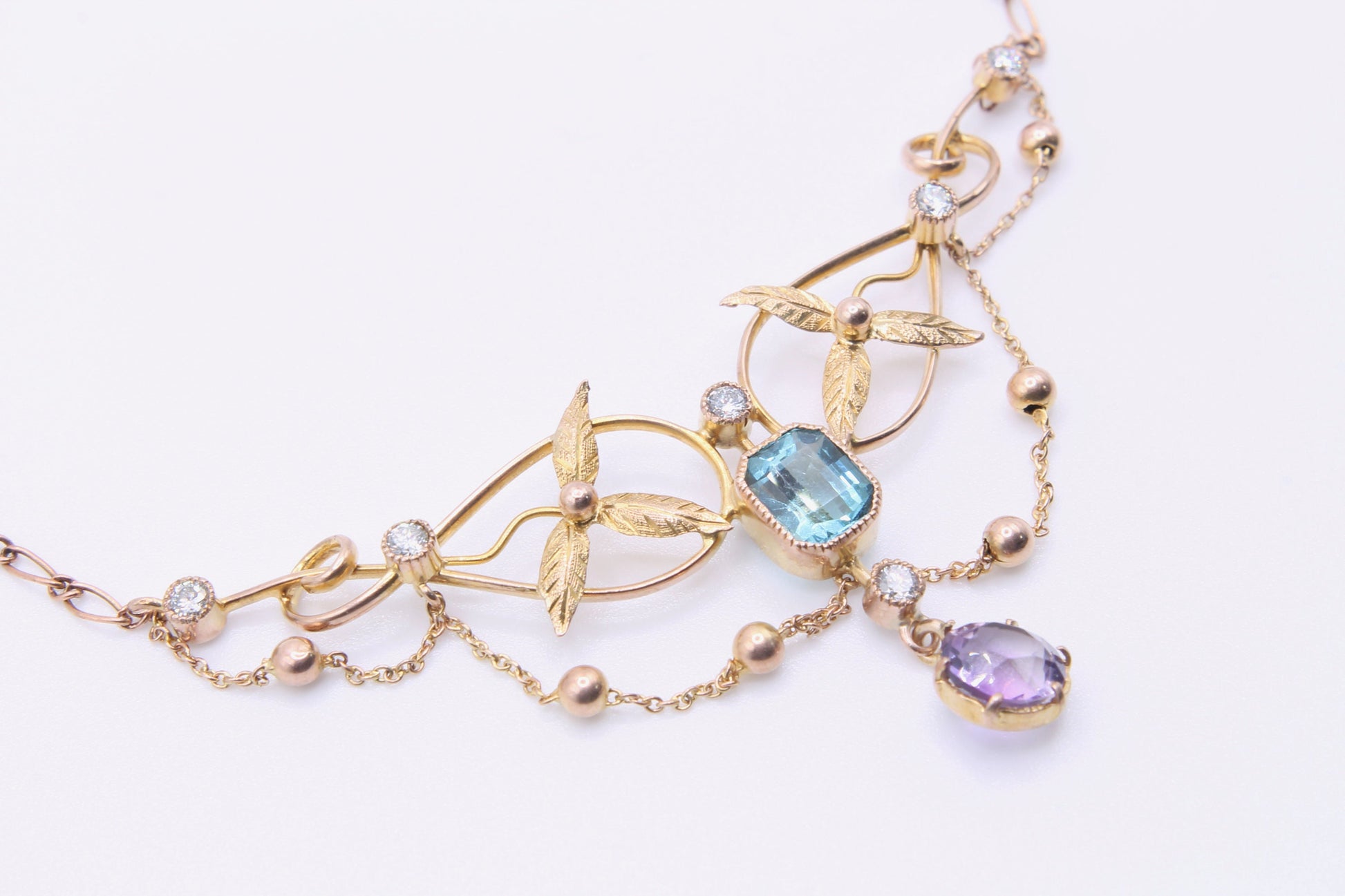 antique-9ct-gold-diamond-topaz-amethyst-necklace