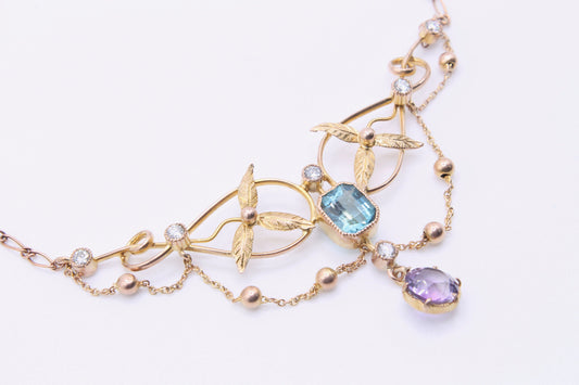 antique-9ct-gold-diamond-topaz-amethyst-necklace