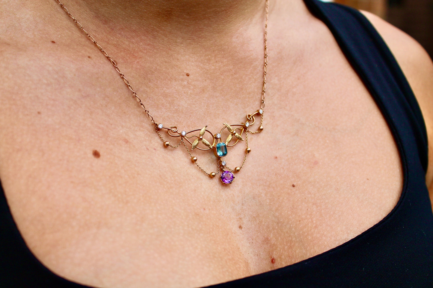 antique-9ct-gold-diamond-topaz-amethyst-necklace