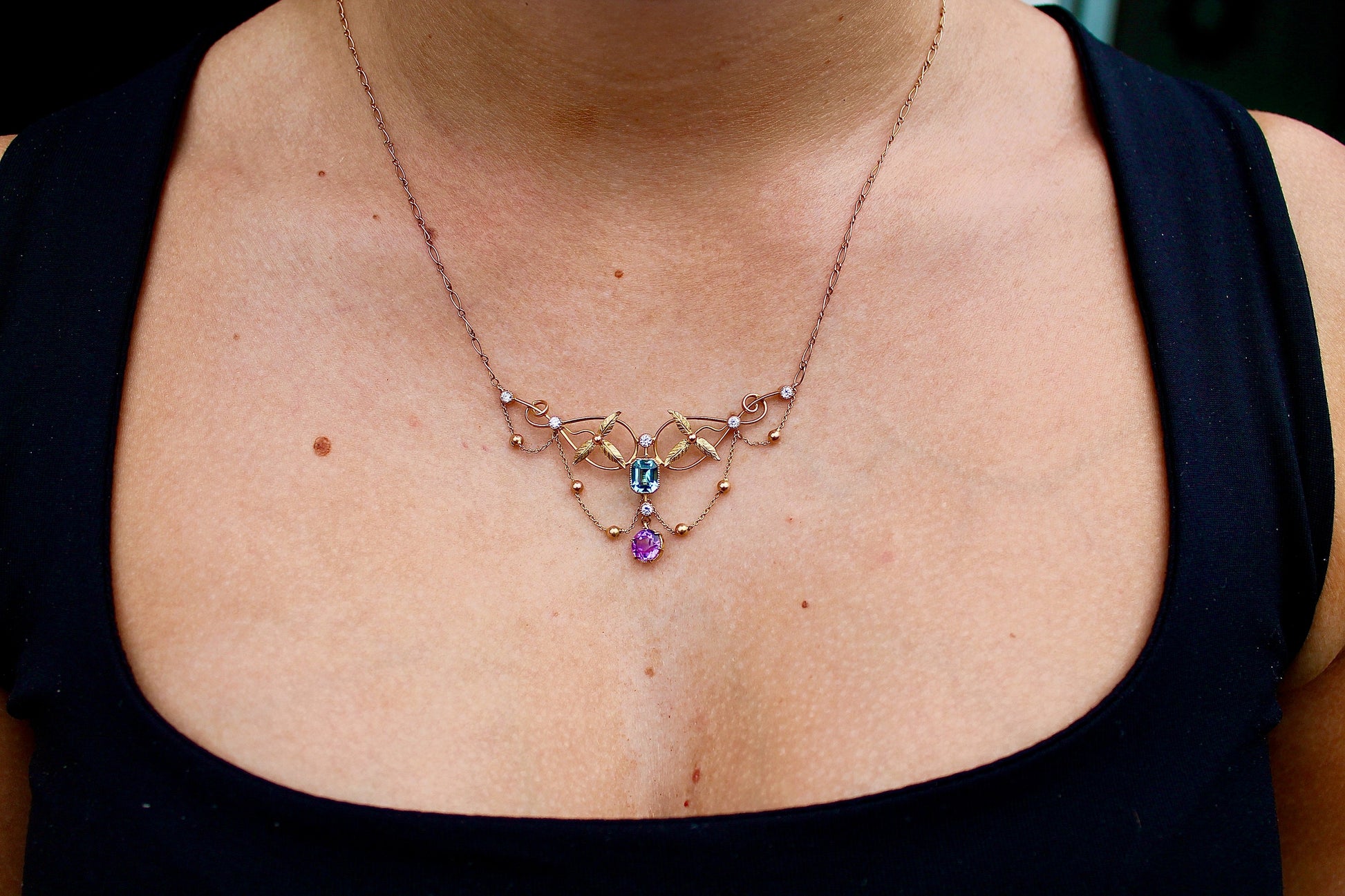 antique-9ct-gold-diamond-topaz-amethyst-necklace