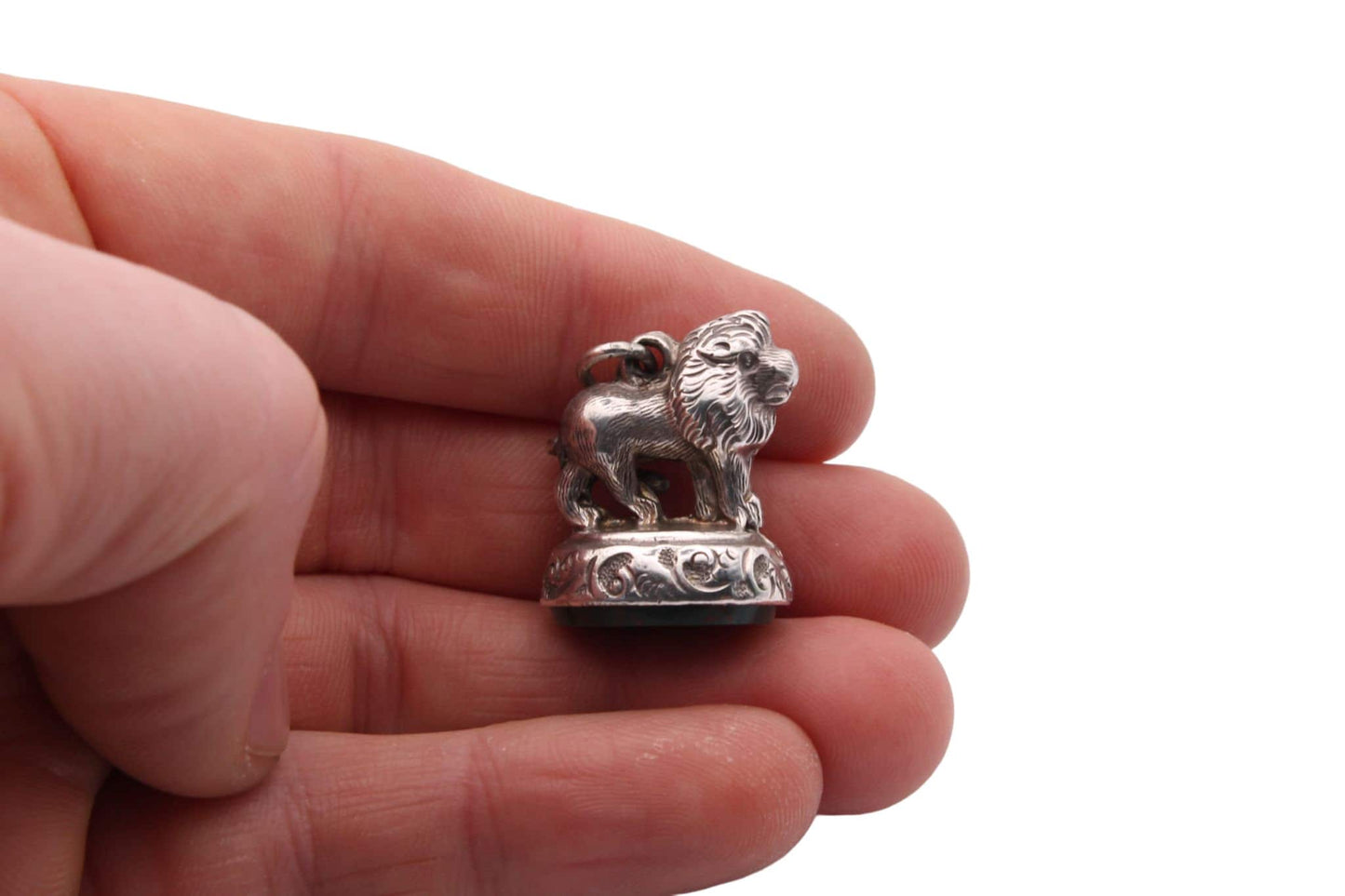 Antique Sterling Silver & Bloodstone Lion Seal Pendant