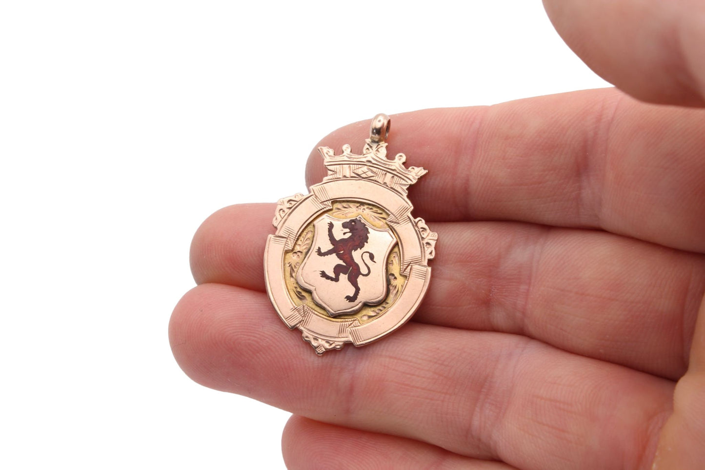 Antique 9ct Gold Enamelled Lion Pendant Fob 1915