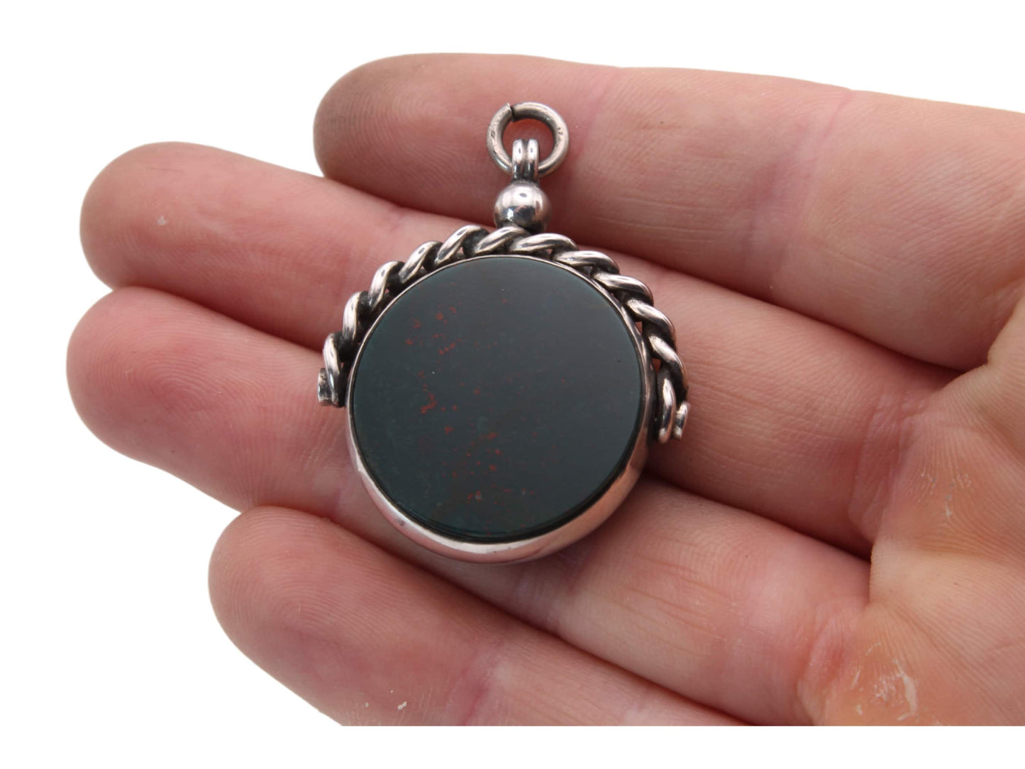 Antique Sterling Silver Bloodstone & Carnelian Spinner Pendant, 1889