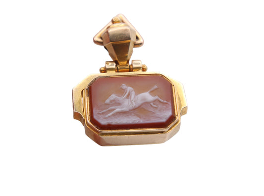 Antique 18ct Gold Horse Scene Carnelian Spinner Pendant