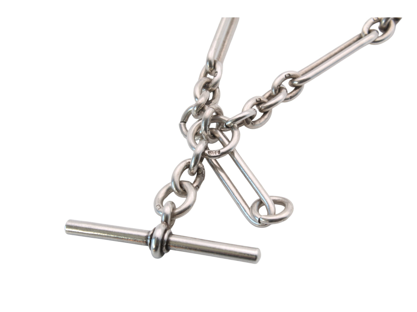 Antique Silver Trombone Link Double Albert Watch Chain, 14.25"