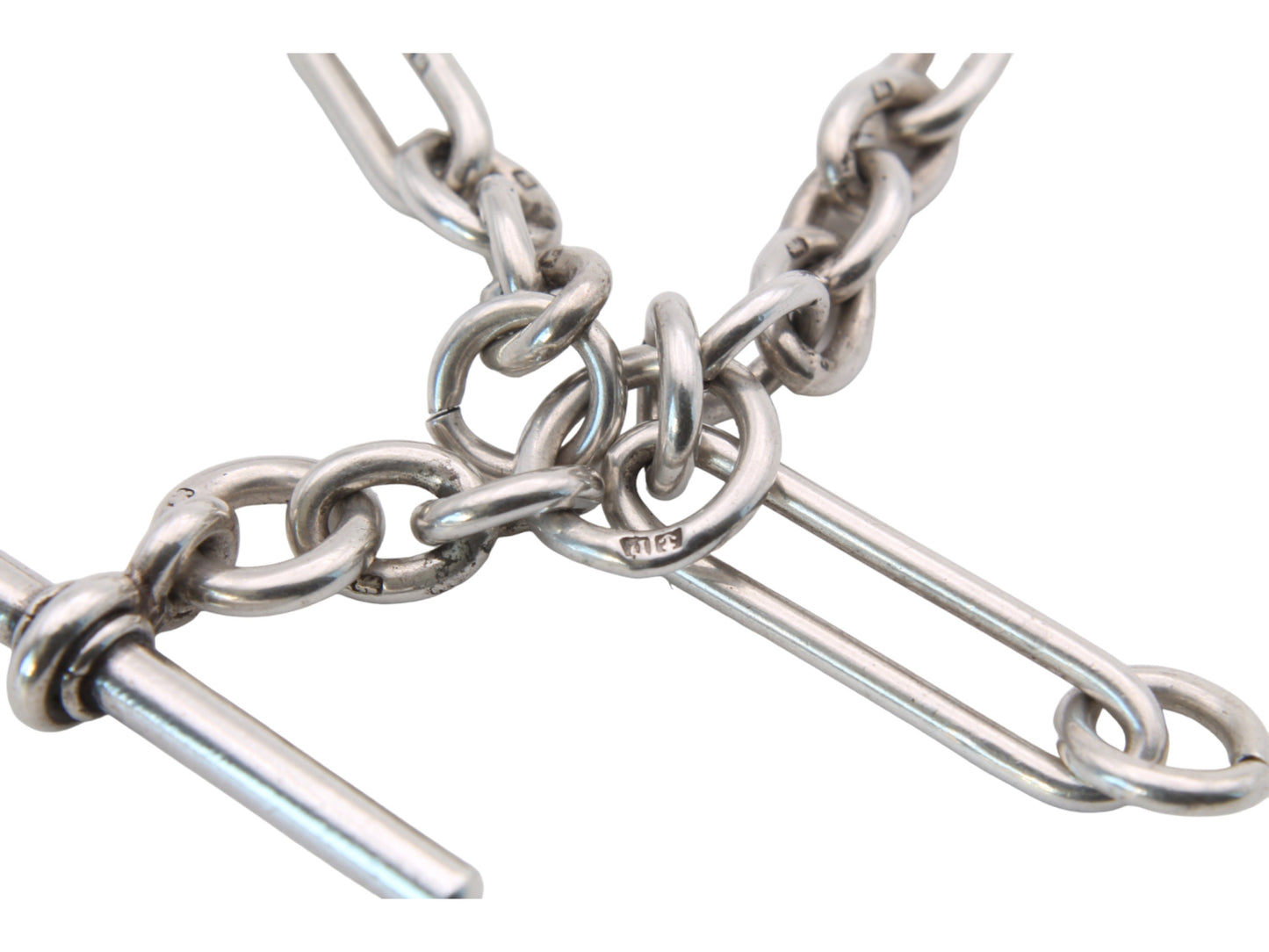 Antique Silver Trombone Link Double Albert Watch Chain, 14.25"