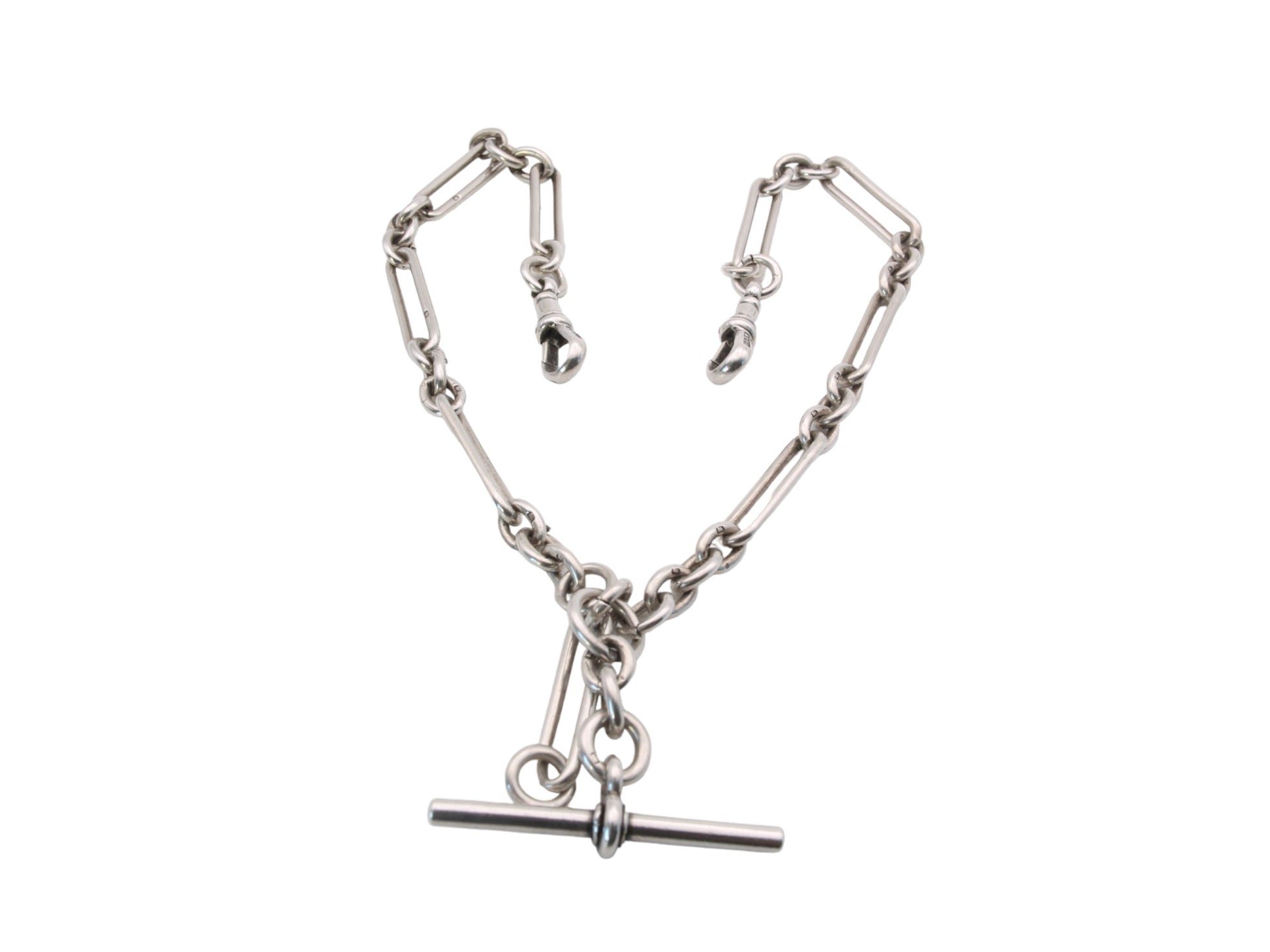 Antique-Silver-Trombone-Link-Double-Albert-Watch-Chain,-14.25"