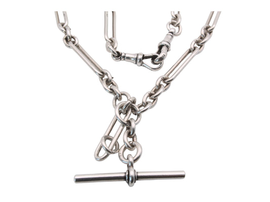 Antique Silver Trombone Link Double Albert Watch Chain, 14.25"