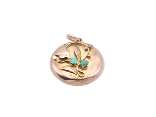 Antique 9ct Gold Turquoise Lily Of The Valley Flower Locket Pendant