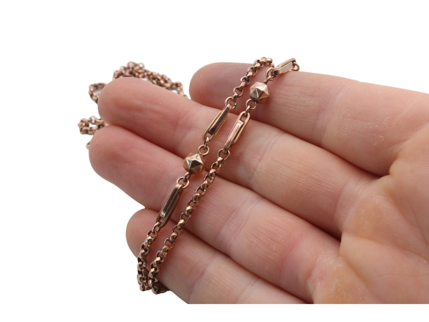 Antique 9ct Rolled Rose Gold Fancy Link Long Guard Necklace 46"