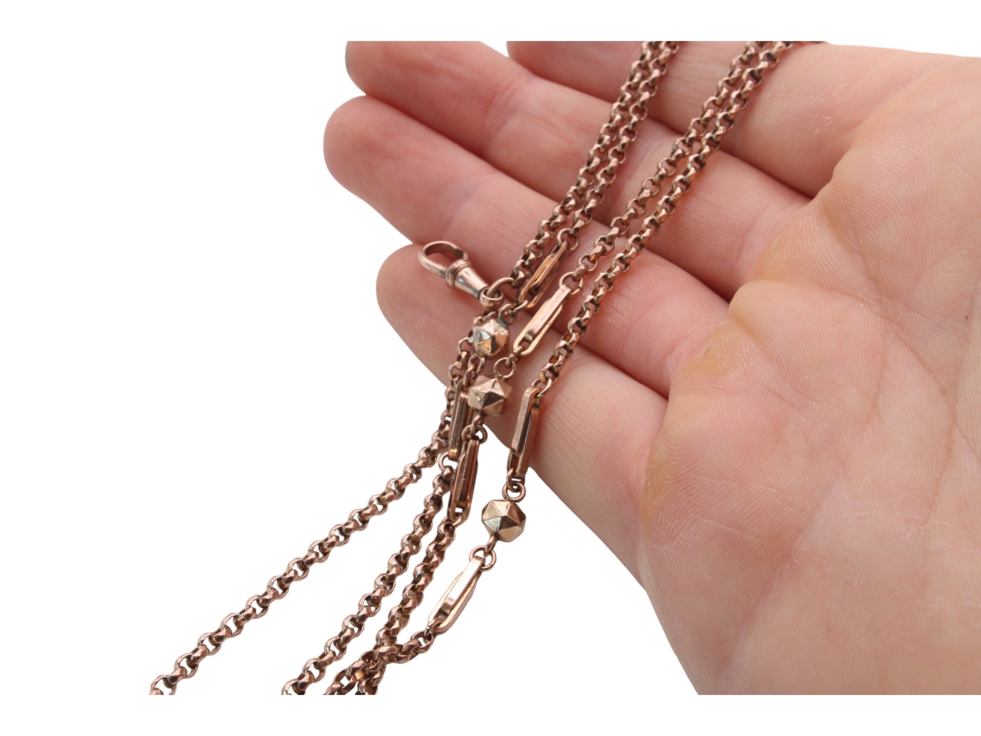 Antique-9ct-Rolled-Rose-Gold-Fancy-Link-Long-Guard-Necklace-46"