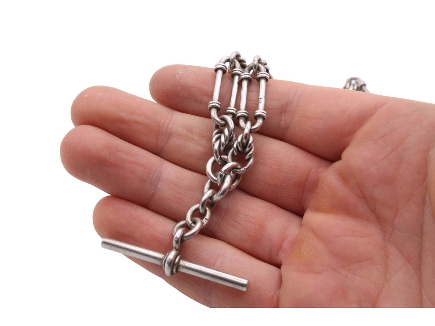 Antique Sterling Silver Trombone Lovers Knot Link Albert Watch Chain, 17"