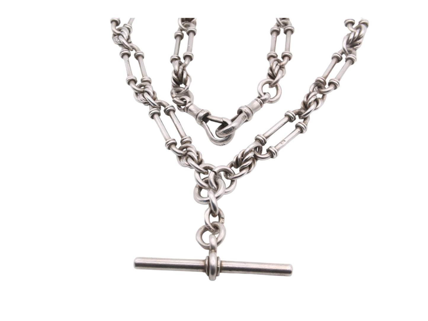 Antique Sterling Silver Trombone Lovers Knot Link Albert Watch Chain, 17"