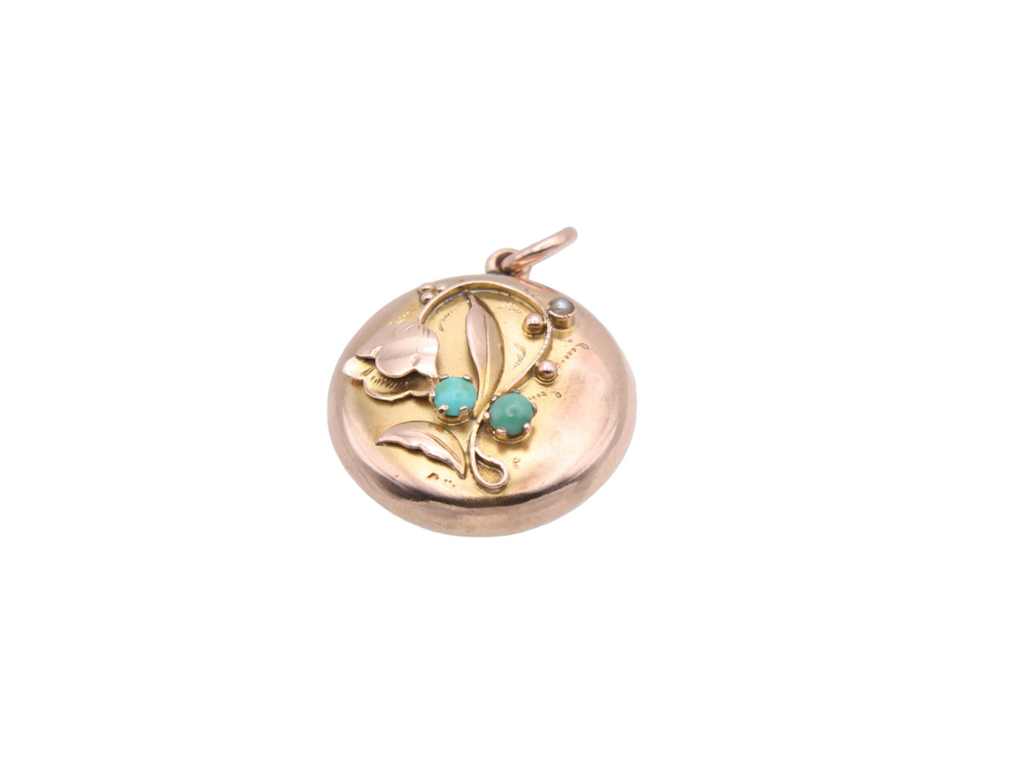 Antique-9ct-Gold-Turquoise-Lily-Of-The-Valley-Flower-Locket-Pendant