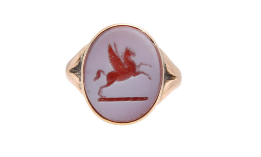 Antique 18ct Gold Intaglio Signet Ring Pegasus Crest