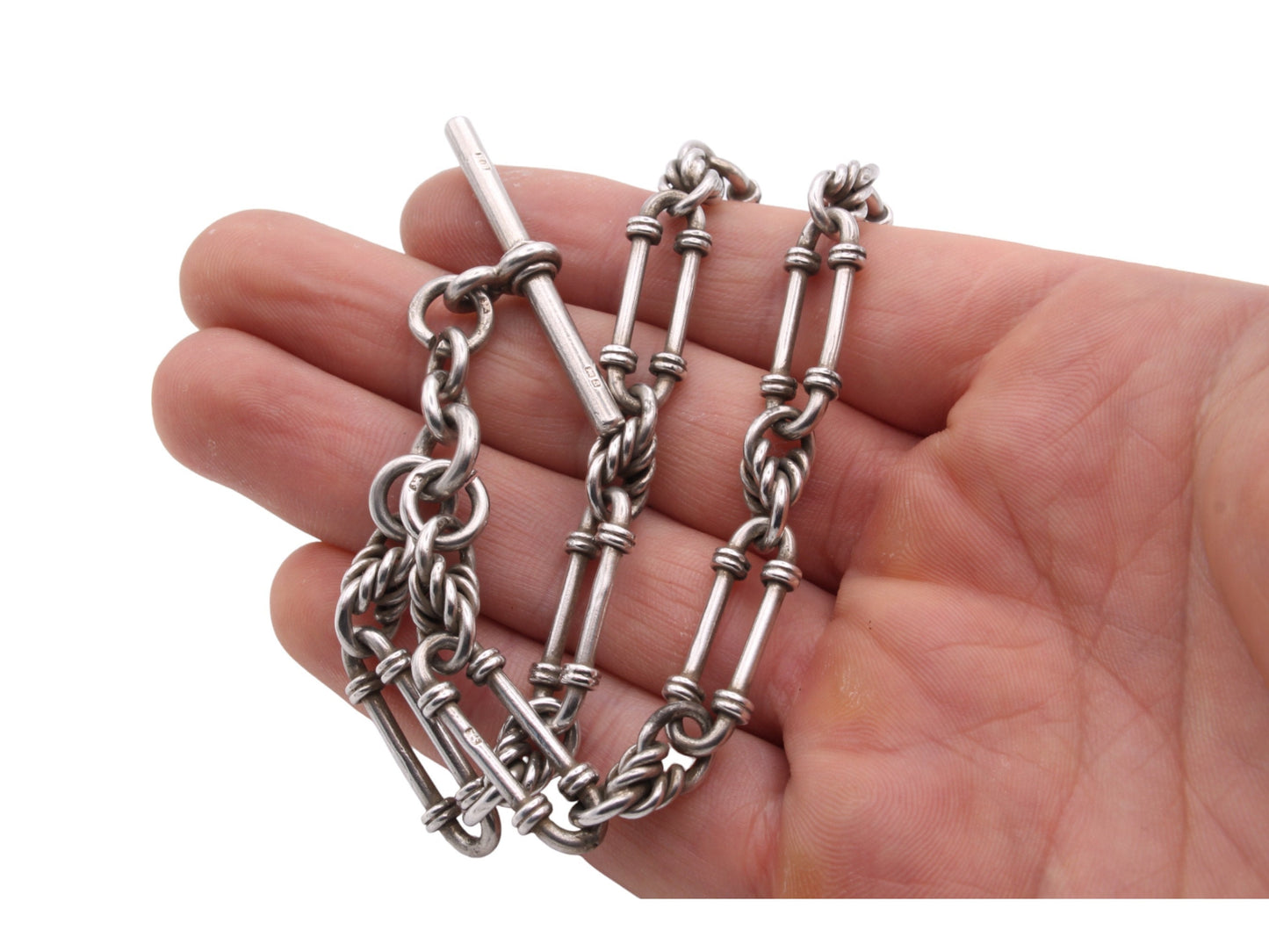 Antique Sterling Silver Trombone Lovers Knot Link Albert Watch Chain, 17"